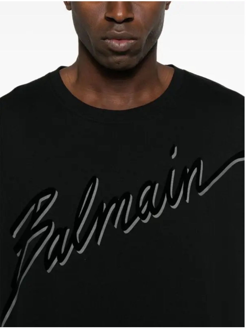 Balmain Men's Black Flocked Cursive Letter Logo Script T-Shirt NWT Size L